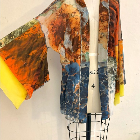 Jean Paul Gaultier 90s Rare Multicolor Kimono Top/Duster mesh wide flared sleeve - Picture 9 of 12